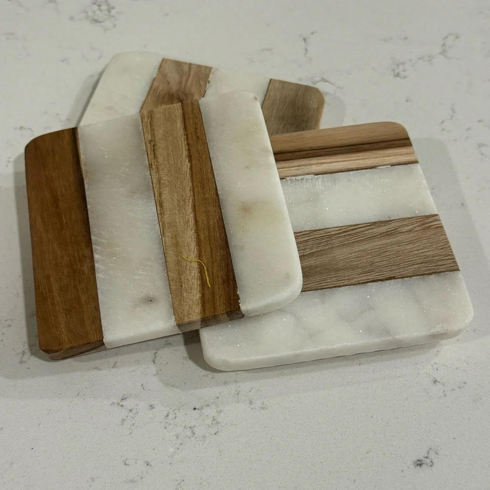 SQUARE MARBLE AND WOOD COASTER 4”(SET OF 3
